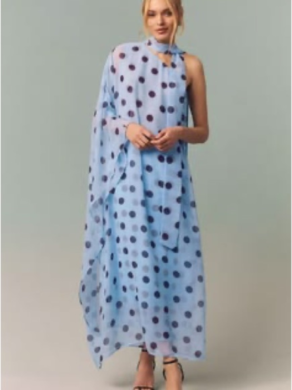 $130 Anthropologie One Shoulder Light Blue Polka Dot Event Dress